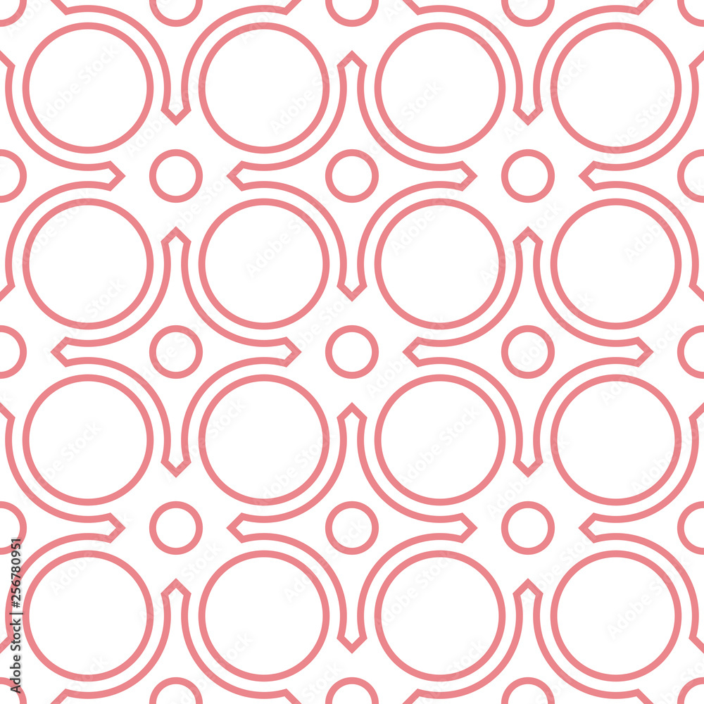 Geometric seamless background. Pink round pattern on white background
