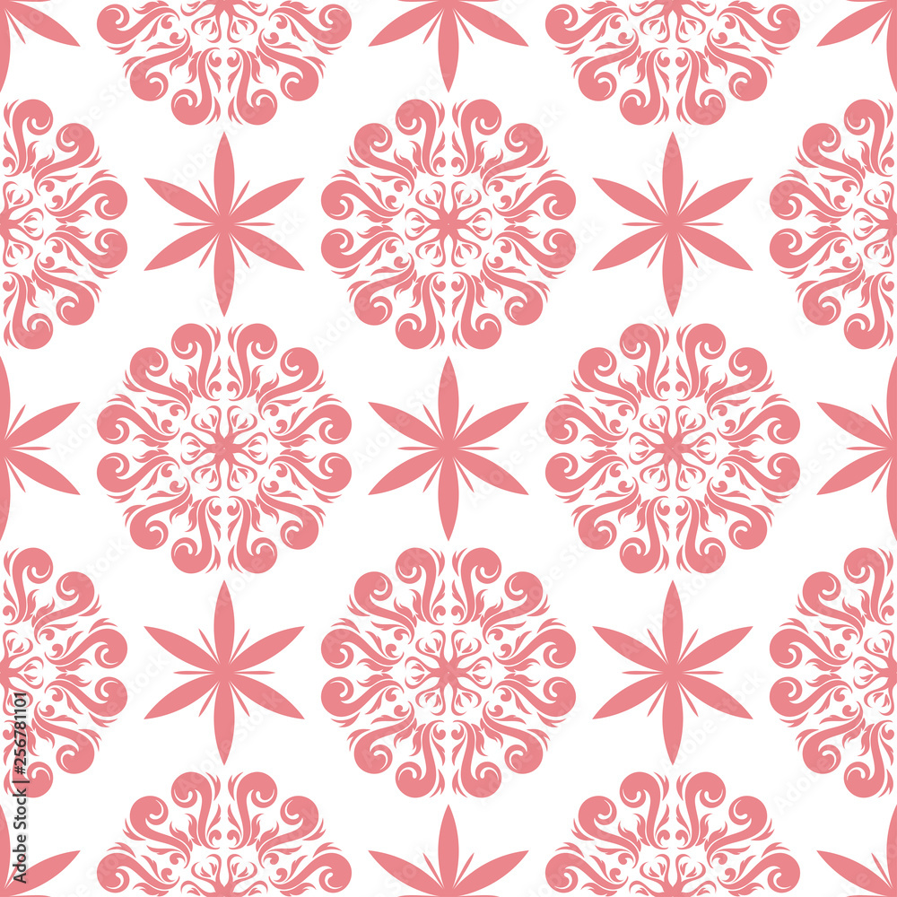  White seamless background with pink flloral pattern
