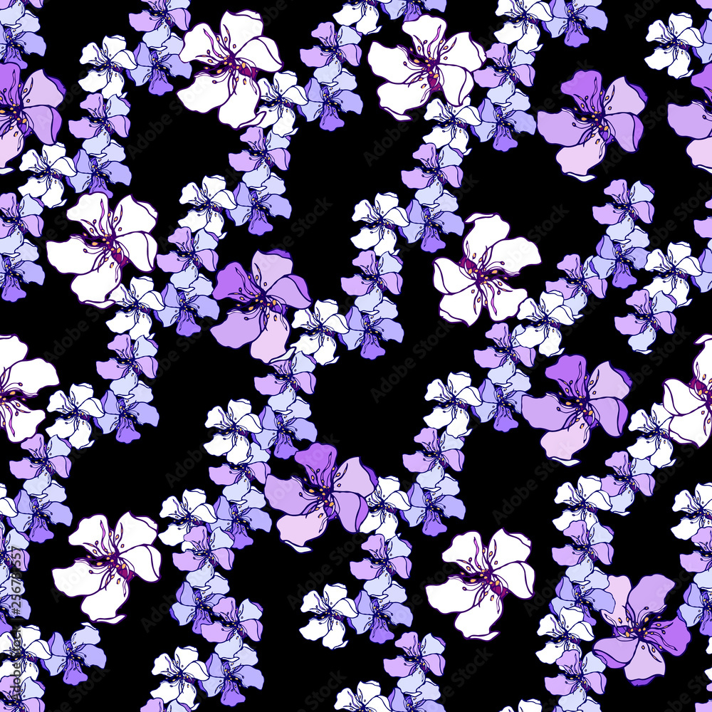 Dark background with vector with white and pink vector flowers. Ornament for tiles and fabrics. Endless textures.