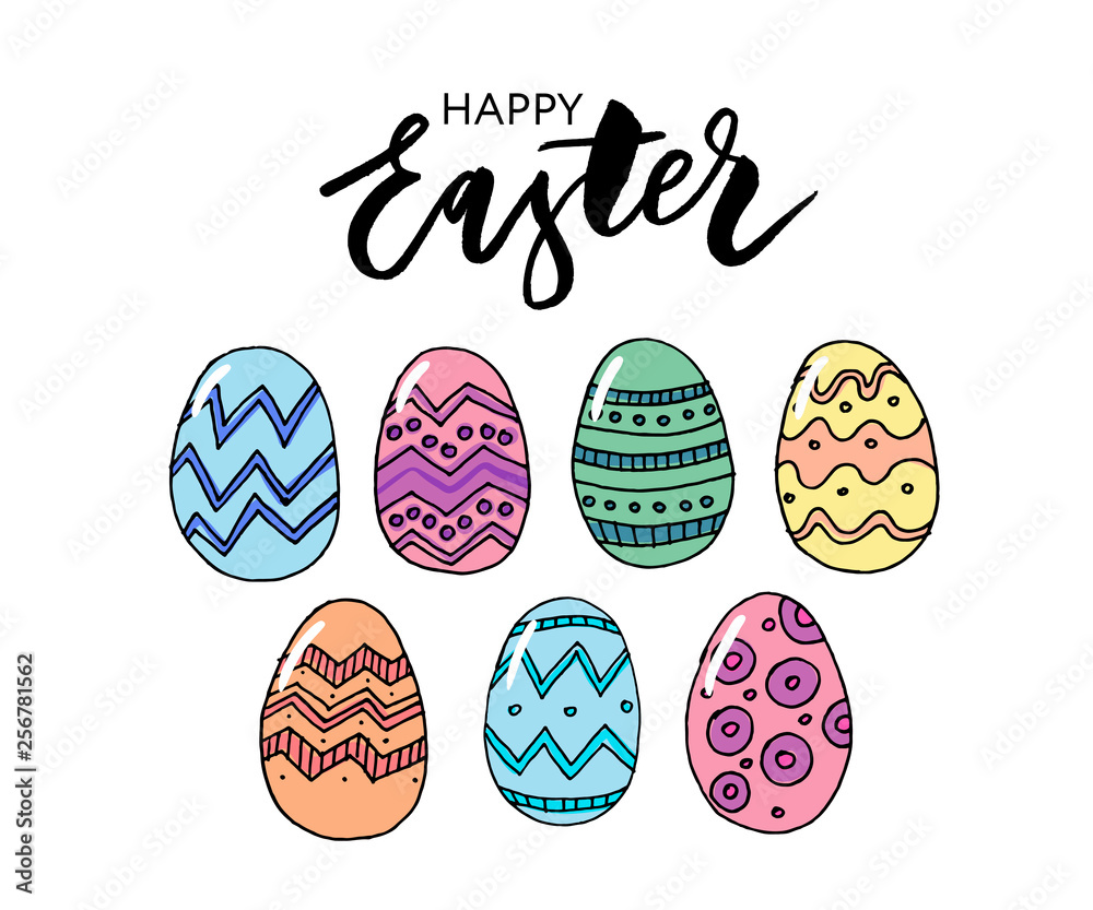 Easter eggs composition hand drawn black on white background. Decorative horizontal stripe from eggs with leaves and watercolor dots.