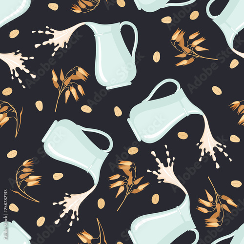 Seamless pattern with oat and splashes of milk.