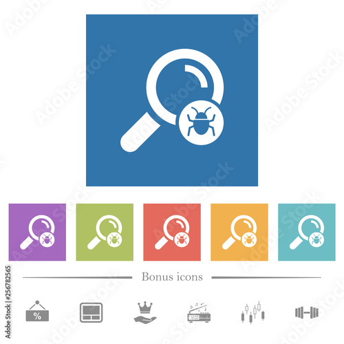 Scanning for malware flat white icons in square backgrounds