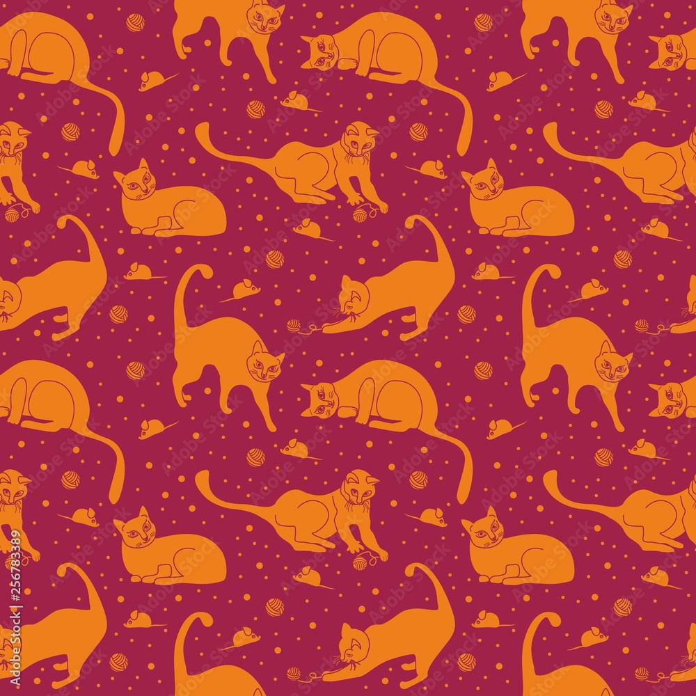 Seamless, funny cats in everyday poses, playing in burgundy space among the tangles and mice, vector illustration