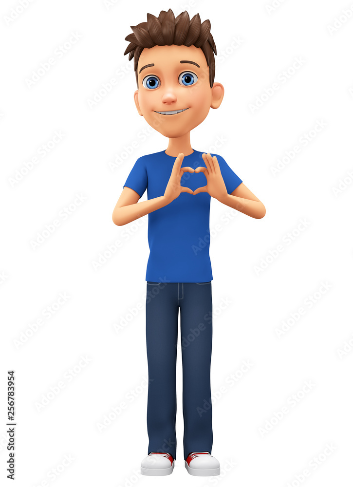 Cartoon character guy gives a heart on a white background. 3d rendering. Illustration for advertising. Cartoon character guy gives a heart on a white background. 3d rendering. Illustration for advertising.