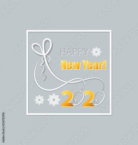2020 with major digits and computer mice. Happy New Year! Poster, postcard. Comic greeting with the symbol of 2020.