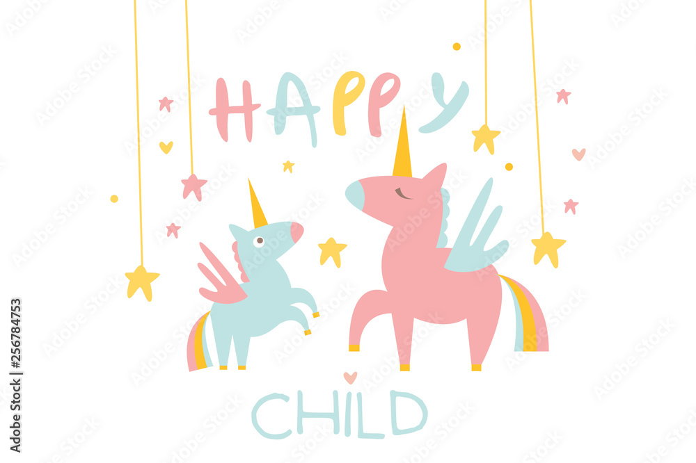 Little lovely unicorn and his mom surrounded by stars. Happy child. Fairy tale creatures with one horn, wings and rainbow tail. Cartoon animals. Flat vector design