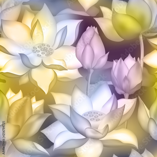 Lotus buds and flowers seamless fabric print., Water lilly nelumbo aquatic plant botanical design.