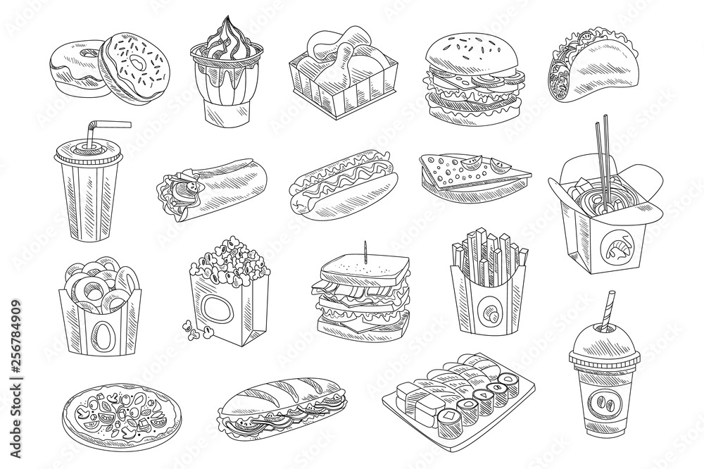 Picnic food doodle set Sketch items for street nature party isolated  doodle illustration Collection of fruits sausage cheese and drinks hand  drawn line icons Stock Vector  Adobe Stock