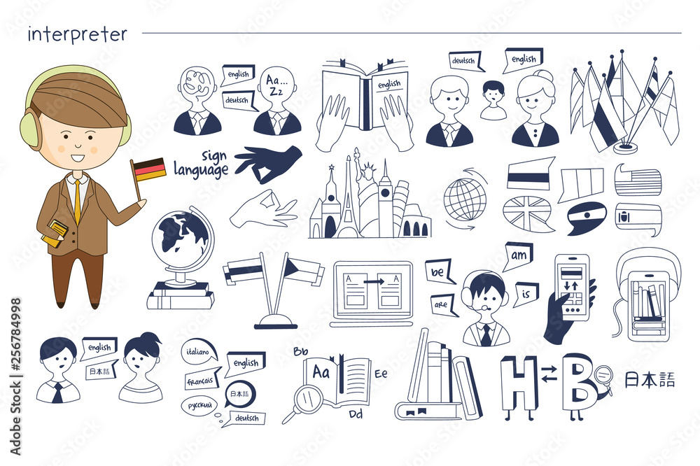 Hand drawn sketch related to interpreter profession. Man in headphones with flag in hand. Monochrome vector icons of oral, written and machine translation
