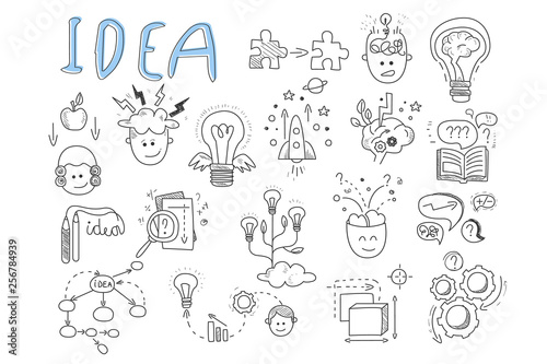 Idea icons set. Rocket  puzzles  rotating gears  open book  pens  human head  magnifying glass  calculations  lamp with wings and brains. Hand drawn vector illustration