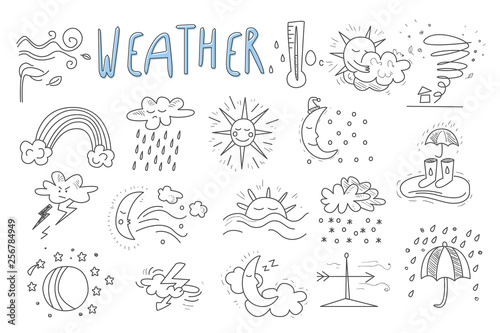 Vector set of hand drawn icons for mobile weather forecast application. Wind  snow  rainbow  rain  thunderstorm  downpour  hurricane  sun  crescent  clouds. Meteorologic theme