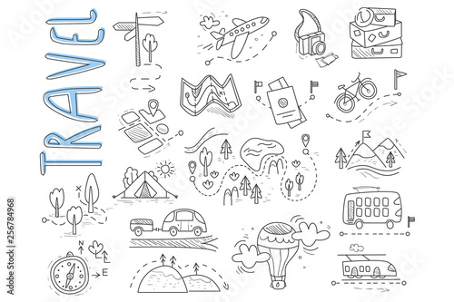 Fototapeta Doodle set of travel and camping icons
