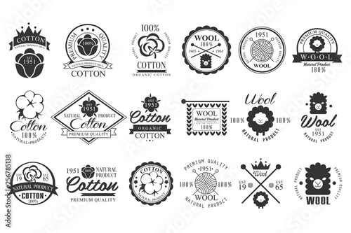Set of vintage cotton and wool emblems with hand lettering. Natural product. Stylish monochrome labels. Cloth materials. Premium quality. Vector logo design