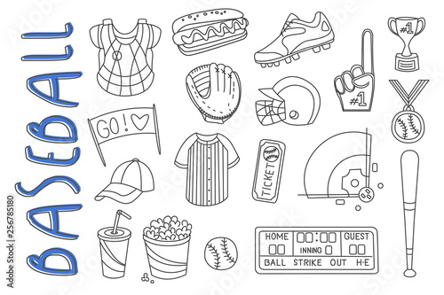 Set of sport related icons in doodle style. Baseball equipment, protective gear, snacks and cocktail, winners prizes. Isolated vector illustration