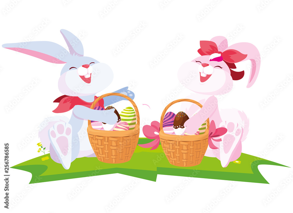 cute rabbits couple with eggs painted in basket cute rabbits couple with eggs painted in basket