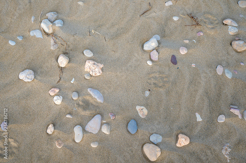 Top view of sandy beach. Background. Sand stones