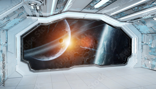 Fototapeta Naklejka Na Ścianę i Meble -  White blue spaceship futuristic interior with window view on space and planets 3d rendering