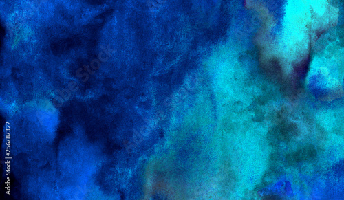 Fototapeta Naklejka Na Ścianę i Meble -  Light blue neon watercolor on deep dark background. Paper textured ink canvas for modern creative design. Aquarelle lightning night sky and thunder storm, smoke texture water color paint illustration