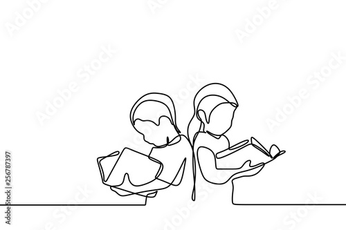 Children read book one continuous line drawing education theme
