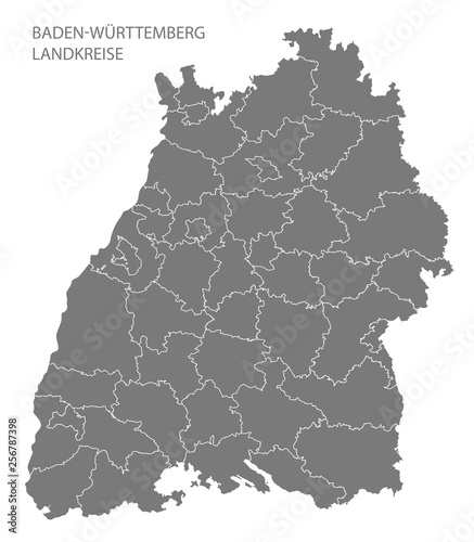 Modern Map - Baden Wuerttemberg map of Germany with counties gray