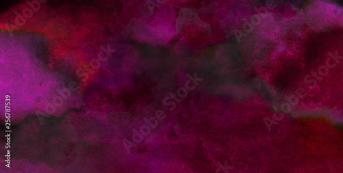 Neon dark grungy abstract paper textured aquarelle canvas for modern creative design. Bright light pink ink watercolor on black background. Cosmic magenta paper texture water color paint illustration