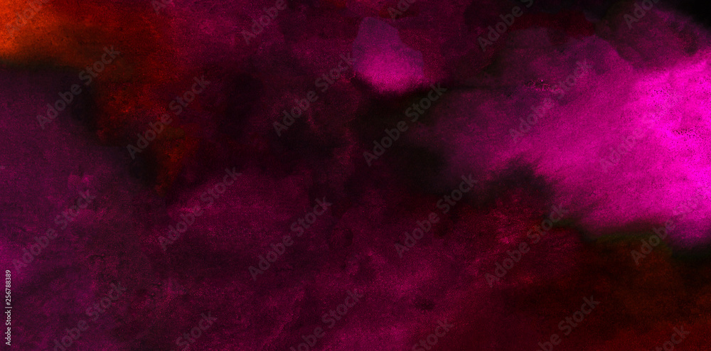 Fototapeta premium Neon dark grungy abstract paper textured aquarelle canvas for modern creative design. Bright light pink ink watercolor on black background. Cosmic magenta paper texture water color paint illustration