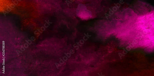 Neon dark grungy abstract paper textured aquarelle canvas for modern creative design. Bright light pink ink watercolor on black background. Cosmic magenta paper texture water color paint illustration
