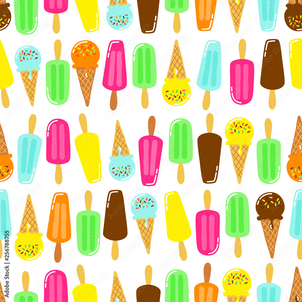 Cute Ice Cream collection seamless pattern in vivid tasty colors ideal for wrapping paper, package etc Cute Ice Cream collection seamless pattern in vivid tasty colors ideal for wrapping paper, package etc