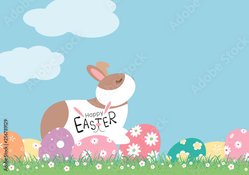 Easter day design of rabbit and eggs with flowers on grass vector illustration