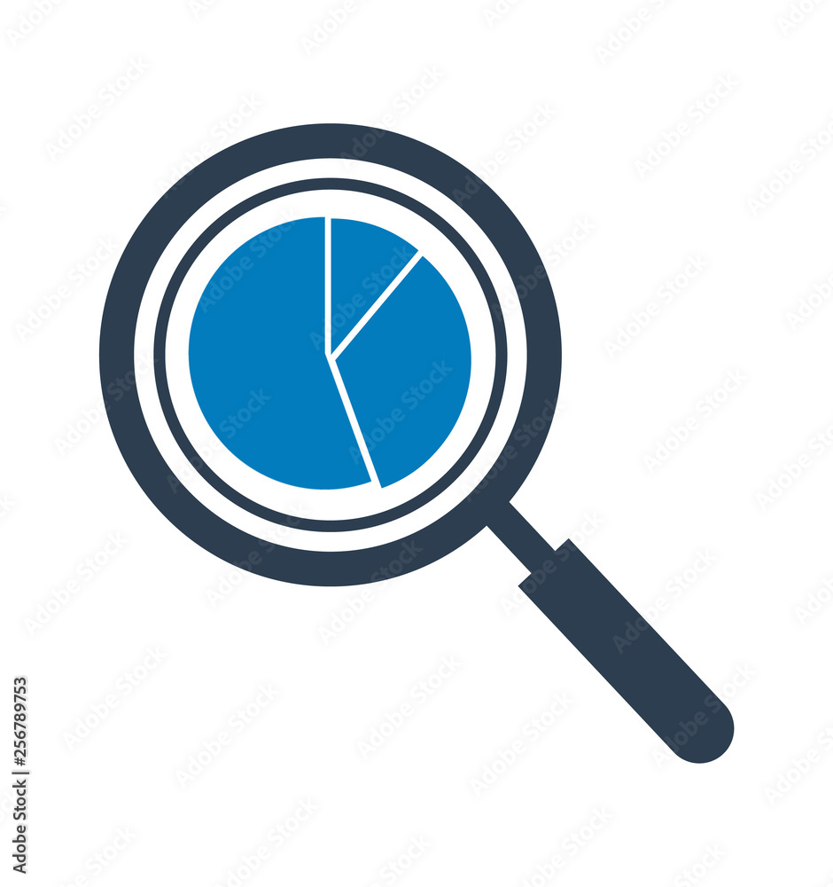 Data analysis icon with magnifying glass and pie chart symbol. Flat style vector EPS. Data analysis icon with magnifying glass and pie chart symbol. Flat style vector EPS.