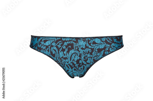 Beautiful female panties blue black isolated on white background. Sexy underwear