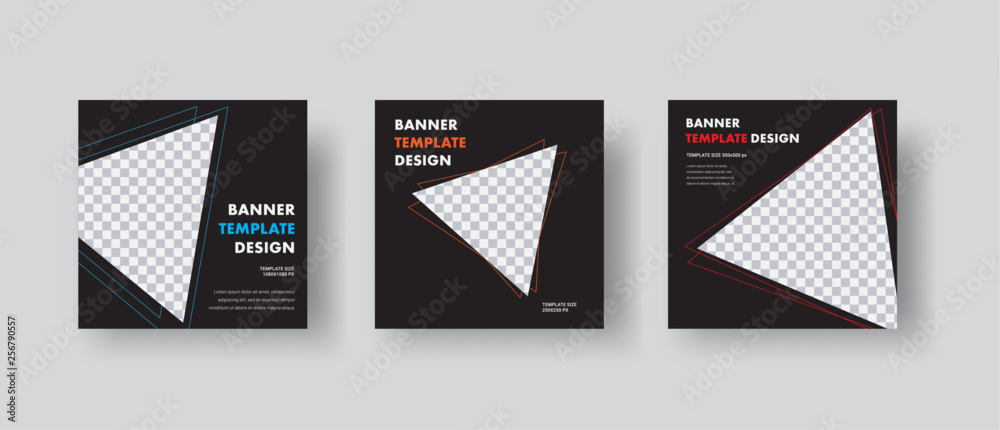 Template of black square vector web banners with triangles with stroke for photo. - obrazy, fototapety, plakaty 