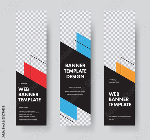 Vector vertical web banner templates with diagonal elements for photo and stroke.