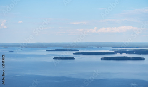 Scenic summer landscape view over the lake Pielinen from the top of the UkkoKoli  a fell at the Koli national park in Joensuu  Finland  the land of a thousand lakes.