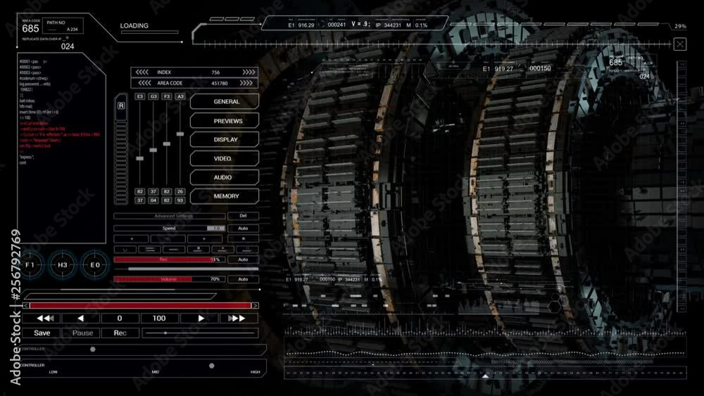 Interface HUD with 3D element.Looping animation with SciFi cosmic spaceship.Futuristic SciFi technological seamless SciFi 3D gear spacecraft module rotation.User interface tech intro.
