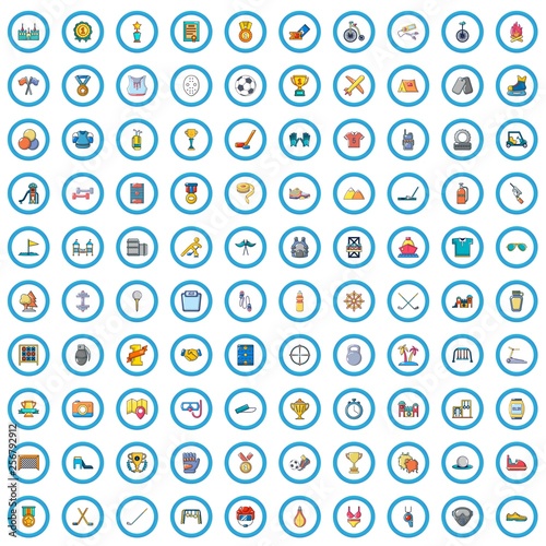 100 lessons sport icons set. Cartoon illustration of 100 lessons sport vector icons isolated on white background