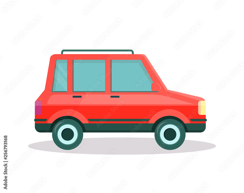 Red Car with Trunk on Roof on White Background.