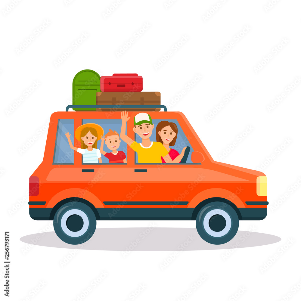 Happy Young Family Traveling by Red Car with Kids Happy Young Family Traveling by Red Car with Kids