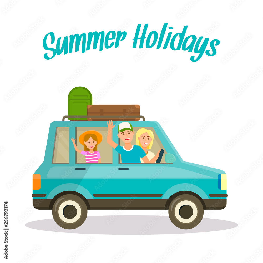 Summer Holidays Square Banner. Happy Family by Car Summer Holidays Square Banner. Happy Family by Car