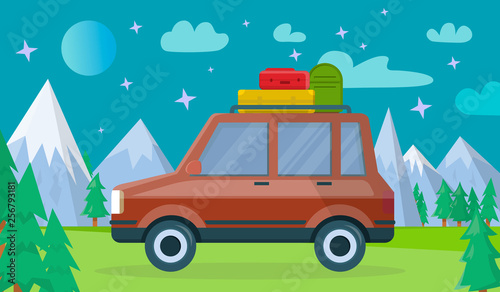 Car with Luggage at Nighty Mountains Background