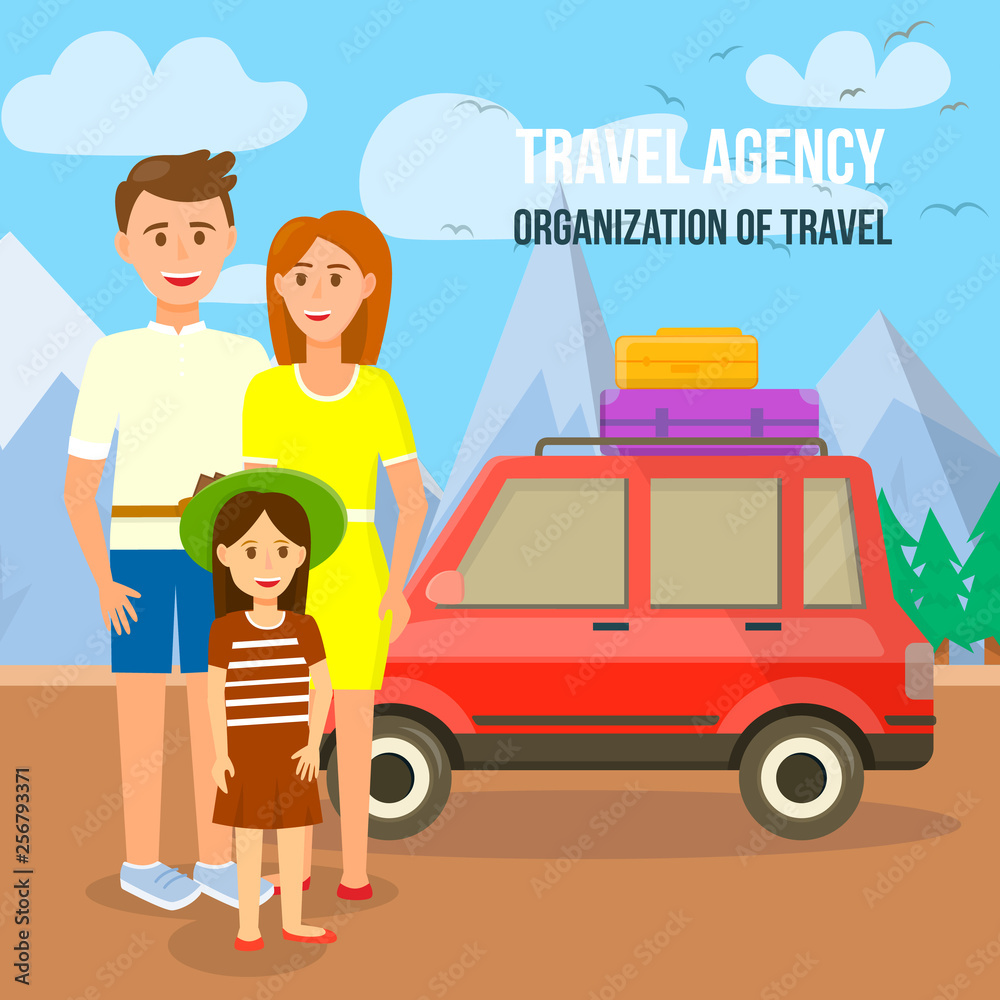 Young Traveling Family at Car with Bags on Roof