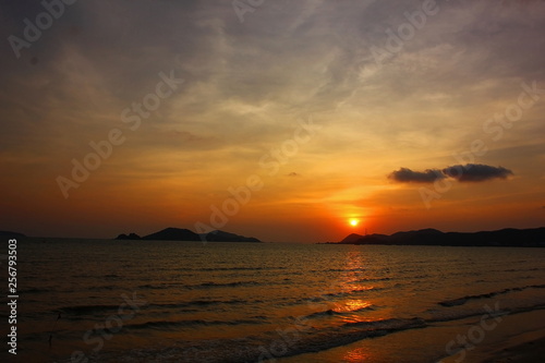 sunset sea view at Samesa Chonburi Thailand. the beautifulsunset view with reflection on sea