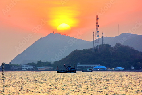 sunset sea view at Samesa Chonburi Thailand. the beautifulsunset view with reflection on sea photo