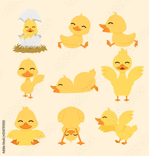 Cute yellow duck cartoon set