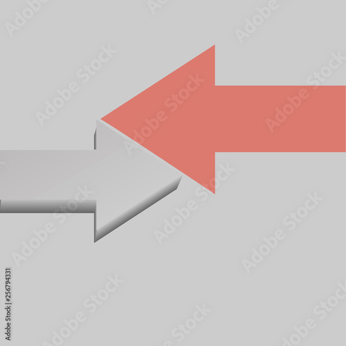Unique grey arrow against corral one another direction on grey background. Trend, creativity and competition concept.