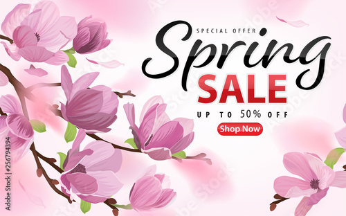 Enjoy spring sale with blooming beautiful magnolia flowers background template. Vector set of blooming floral for web design, voucher, brochures and banners design.