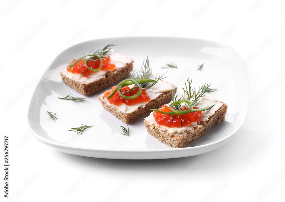 Plate with tasty canapes on white background Plate with tasty canapes on white background