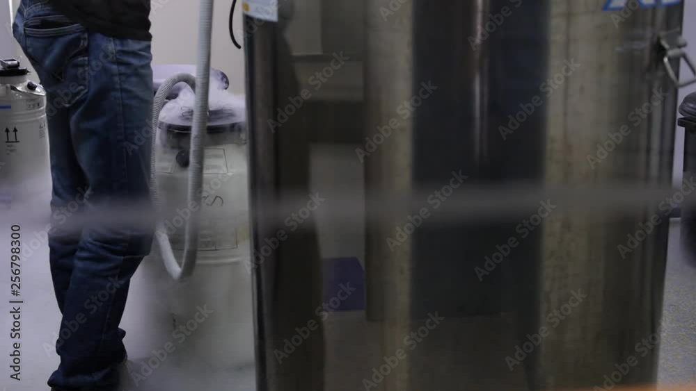 Scientist opens a Cryogenic container with medical samples,Haze and fog comes out from the container. Scientist opens a Cryogenic container with medical samples,Haze and fog comes out from the container.