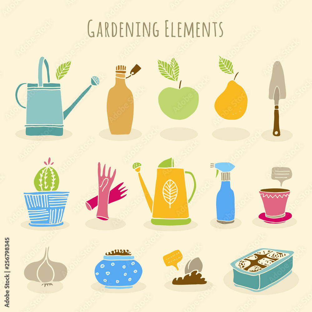 Gardening, horticulture vector set, equipment and tools, vegetables and plants collection