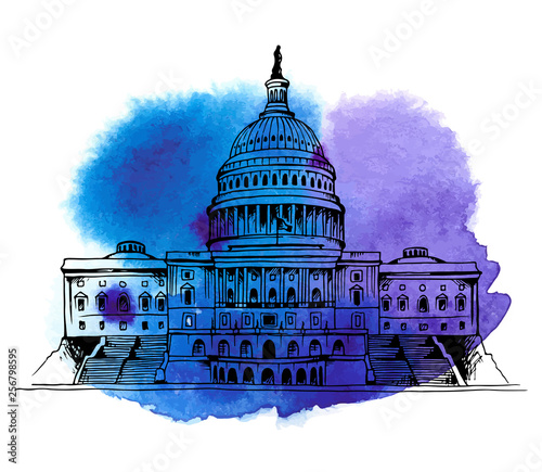 United States Capitol Building vector illustration, watercolor stain background